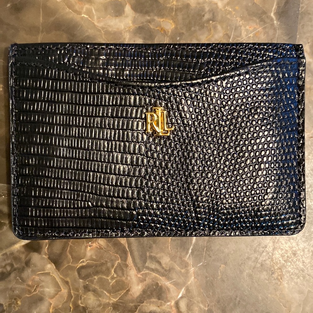Polo Ralph Lauren Mini Croc Embossed Black Leather Card Case, used once